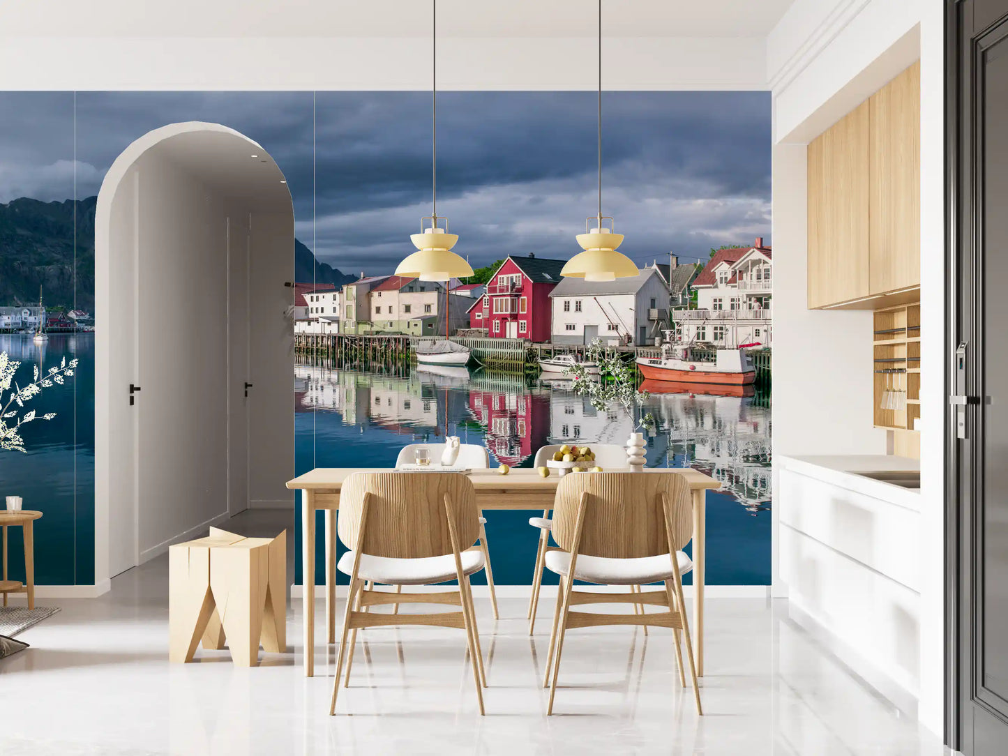 Wandbild Nordic Mountain Village Waterfront