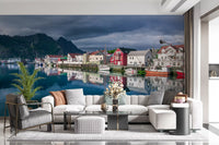 Wandbild Nordic Mountain Village Waterfront