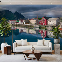 Wandbild Nordic Mountain Village Waterfront