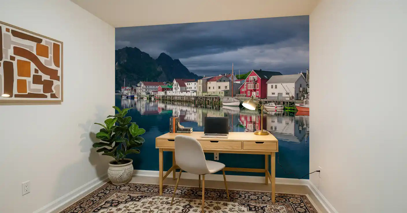Wandbild Nordic Mountain Village Waterfront