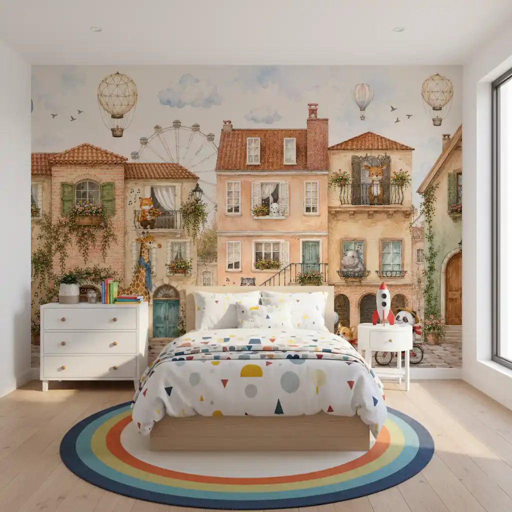 Charming Animal Town Scene Wall Mural