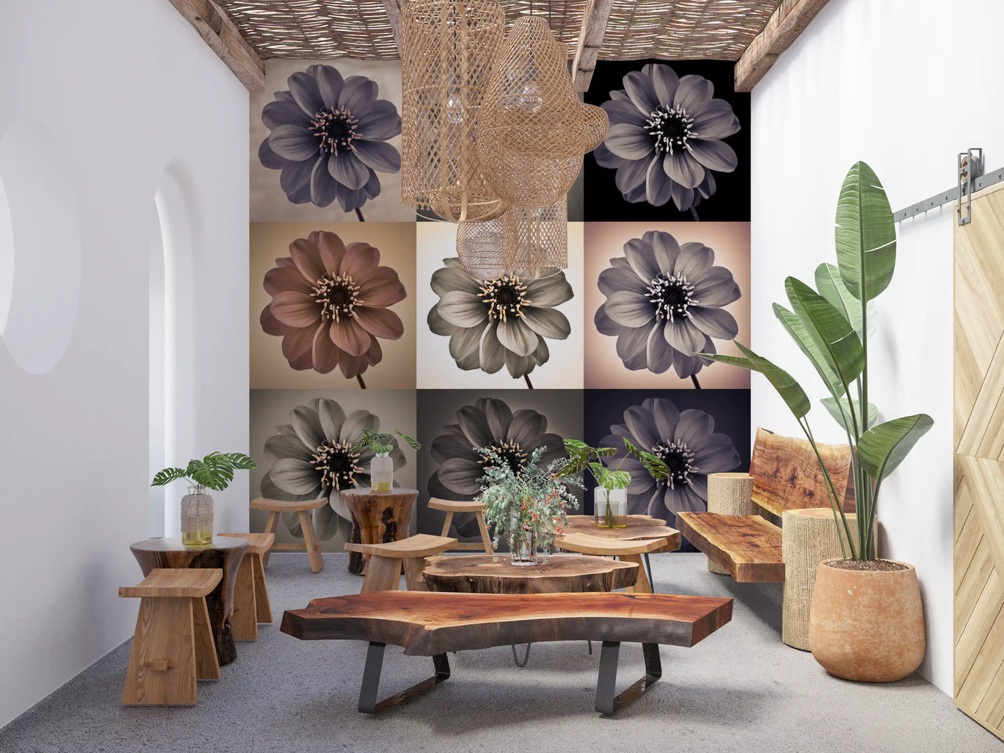 Murale da parete a griglia con dalia botanica vintage
