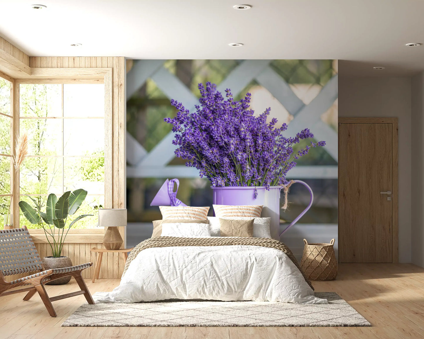 Murale da parete da giardino con annaffiatoio viola lavanda