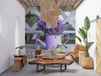 Murale da parete da giardino con annaffiatoio viola lavanda