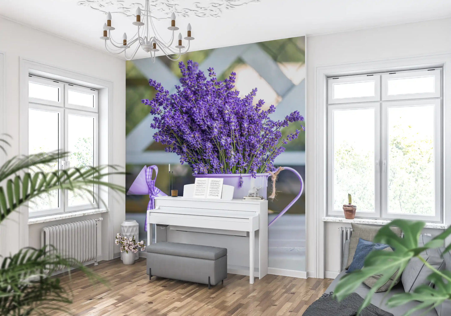 Murale da parete da giardino con annaffiatoio viola lavanda