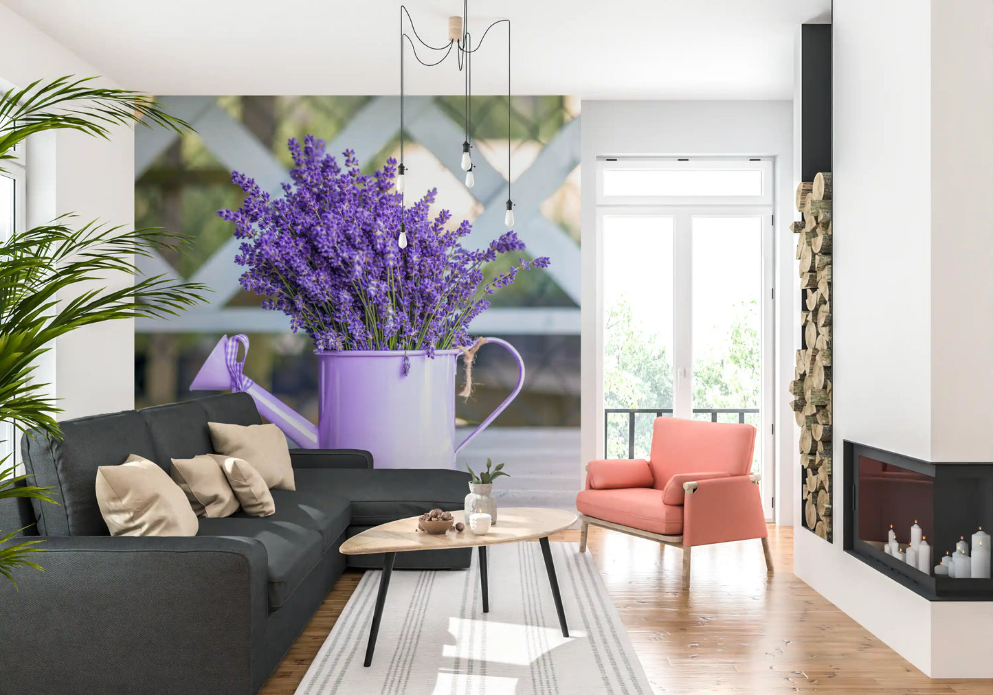 Murale da parete da giardino con annaffiatoio viola lavanda