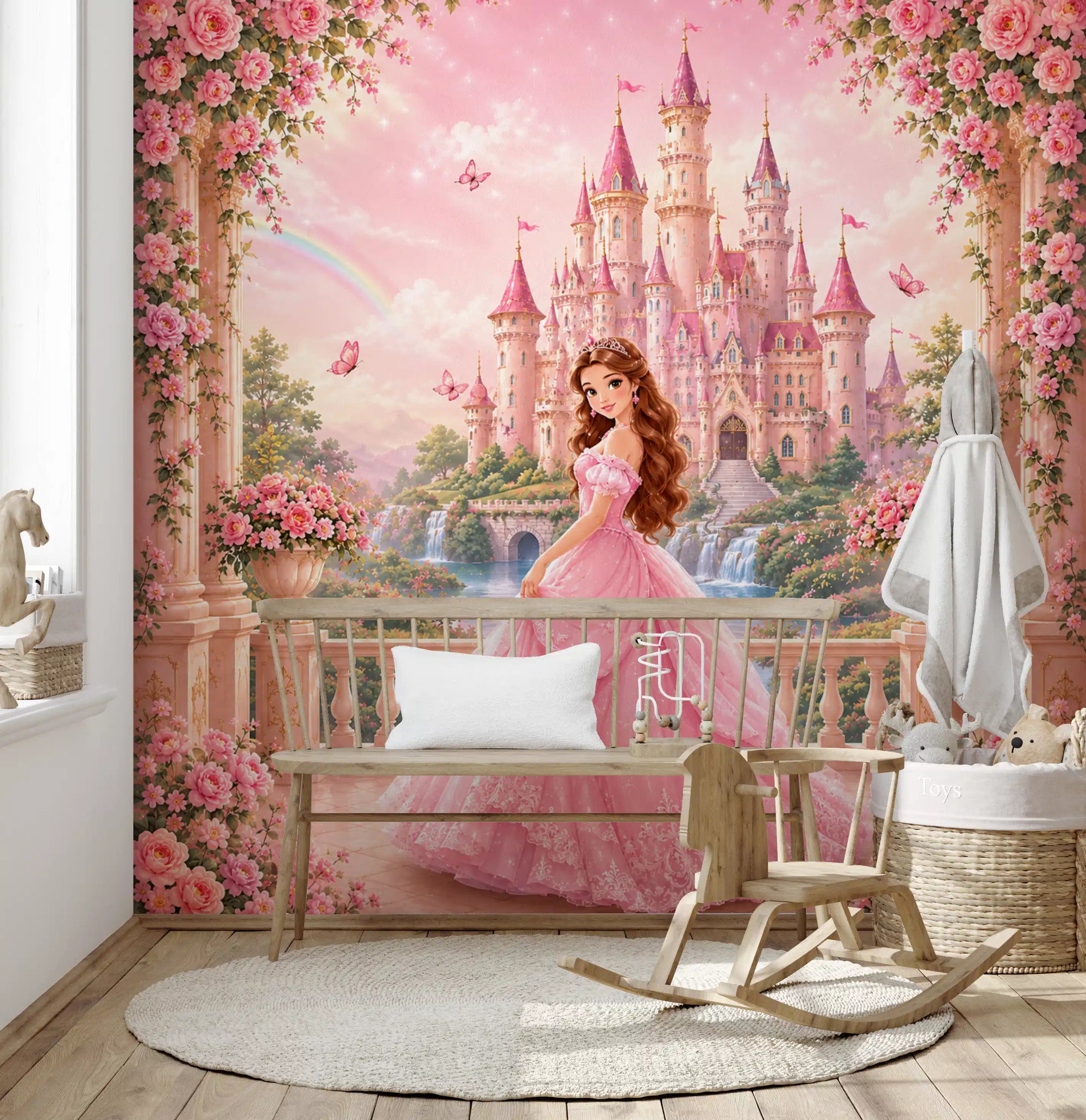 Pink castle and garden fill a happy kids' room wall mural GD11388
