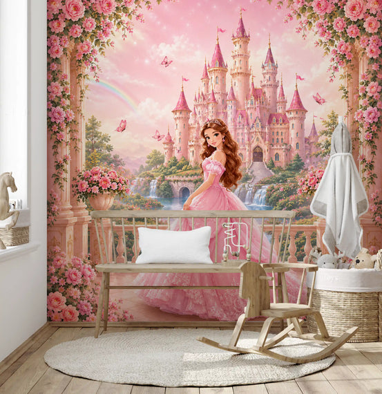 Pink castle and garden fill a happy kids' room wall mural GD11388
