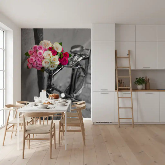 Pink roses on a grey bike calm a dining room wall mural GD11390
