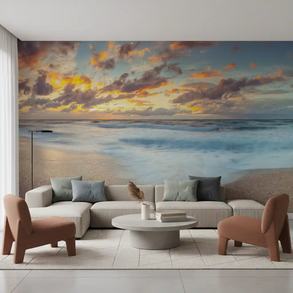 Wandbild Sonnenuntergang am Ufer mit Spiegelung