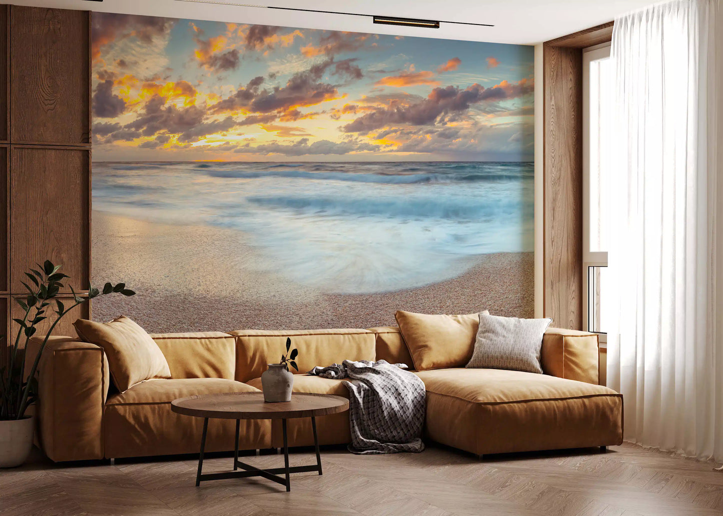 Wandbild Sonnenuntergang am Ufer mit Spiegelung