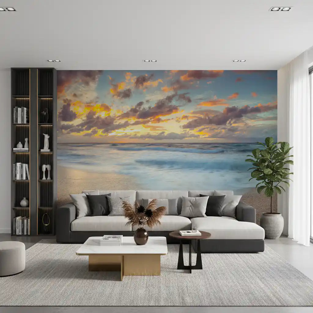 Wandbild Sonnenuntergang am Ufer mit Spiegelung
