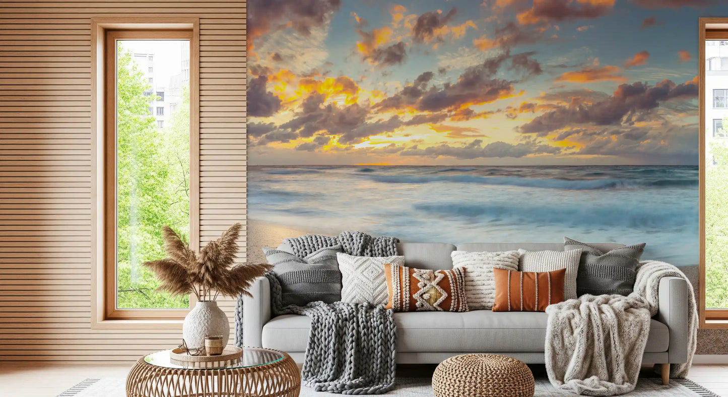 Wandbild Sonnenuntergang am Ufer mit Spiegelung