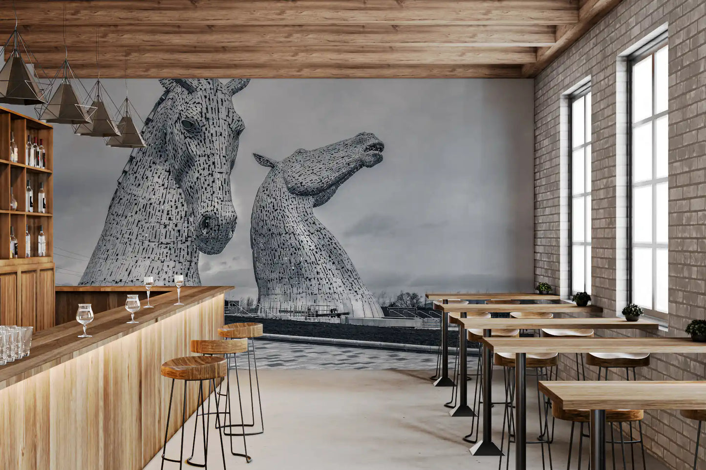 Carta da parati murale con teste di cavallo metalliche in vista architettonica