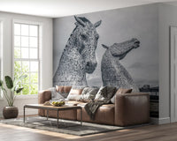 Carta da parati murale con teste di cavallo metalliche in vista architettonica