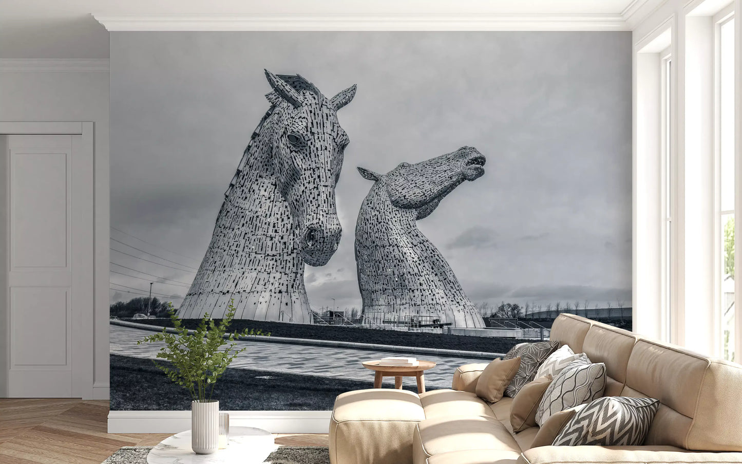 Carta da parati murale con teste di cavallo metalliche in vista architettonica