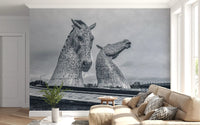 Carta da parati murale con teste di cavallo metalliche in vista architettonica