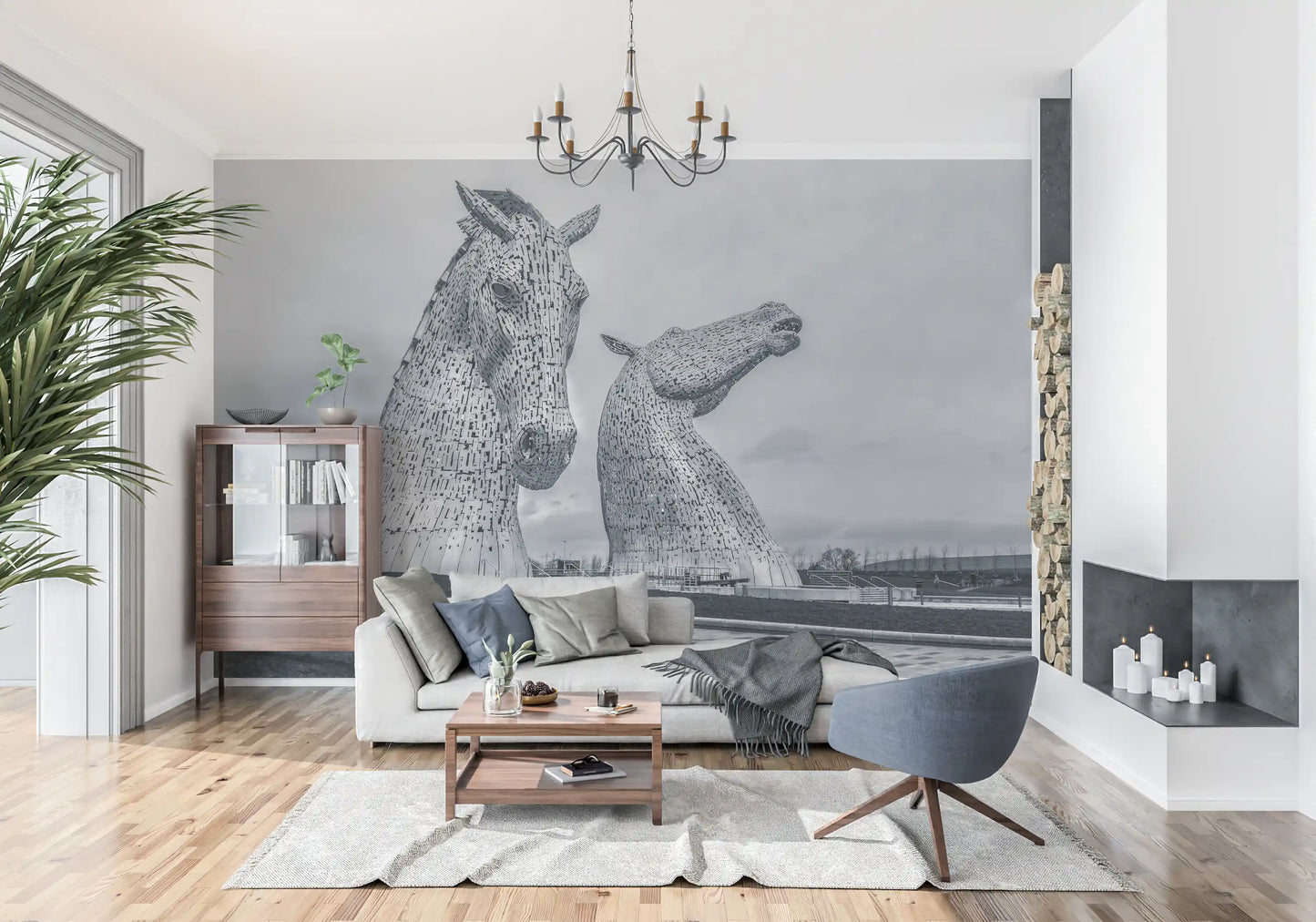 Carta da parati murale con teste di cavallo metalliche in vista architettonica