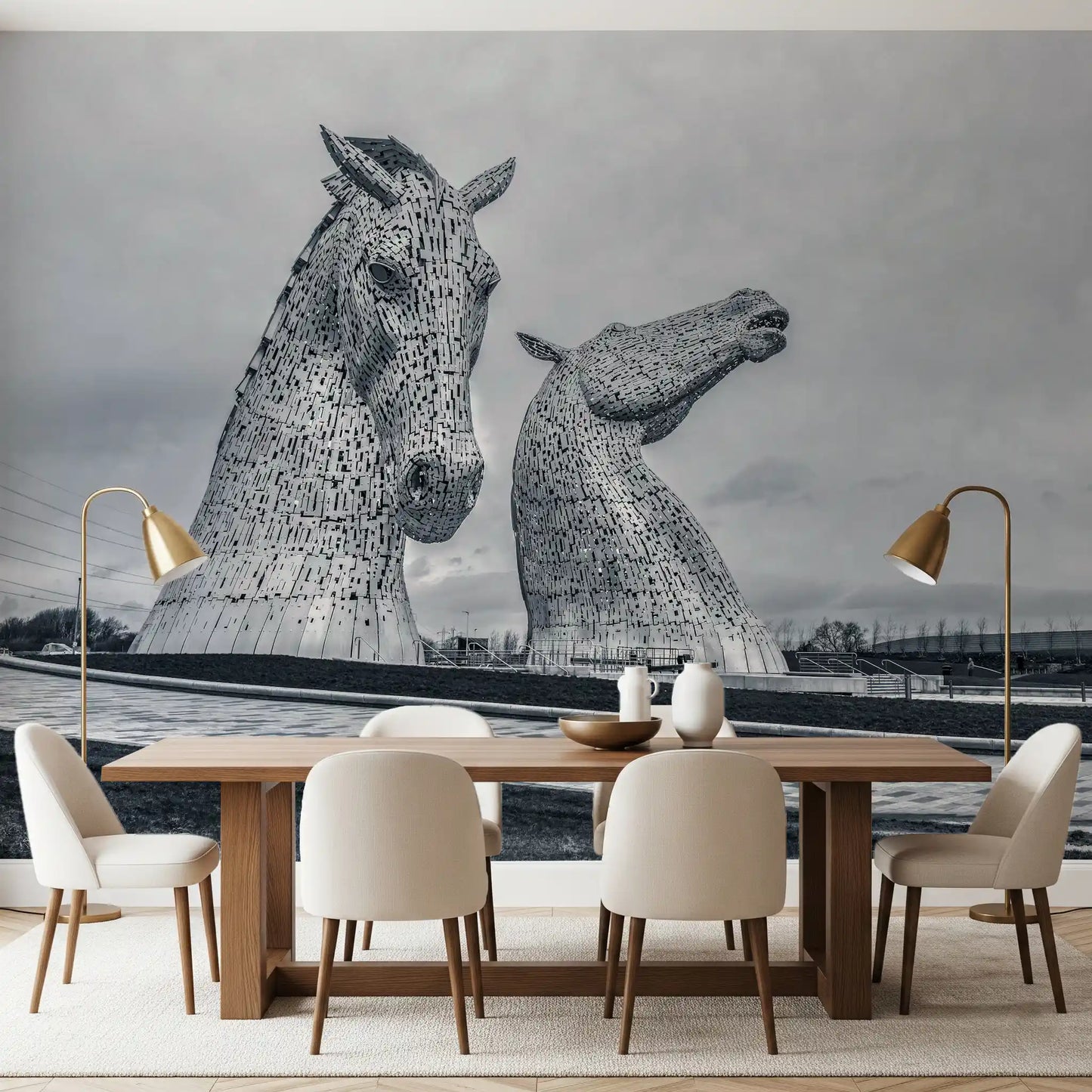 Carta da parati murale con teste di cavallo metalliche in vista architettonica