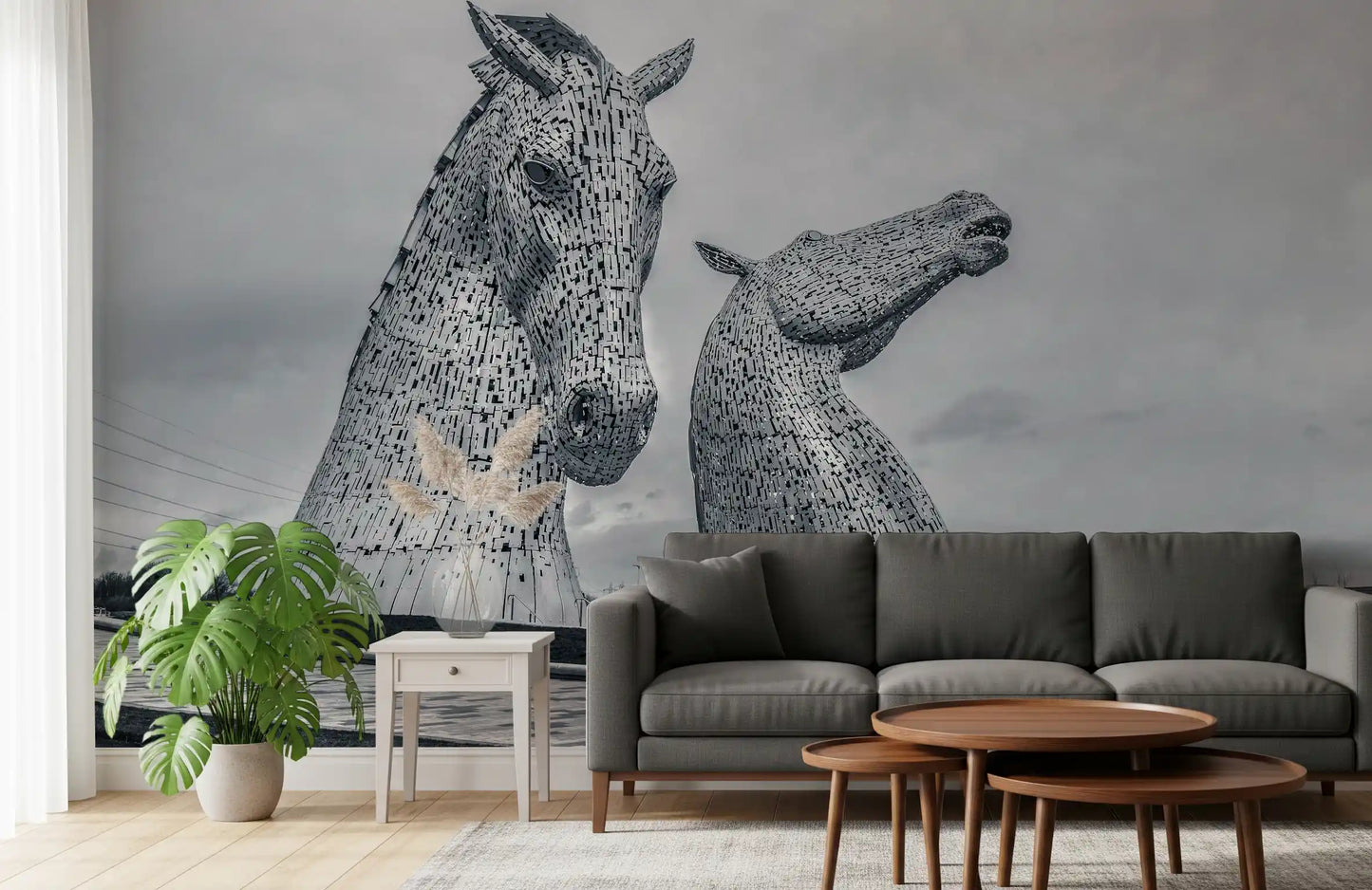 Carta da parati murale con teste di cavallo metalliche in vista architettonica
