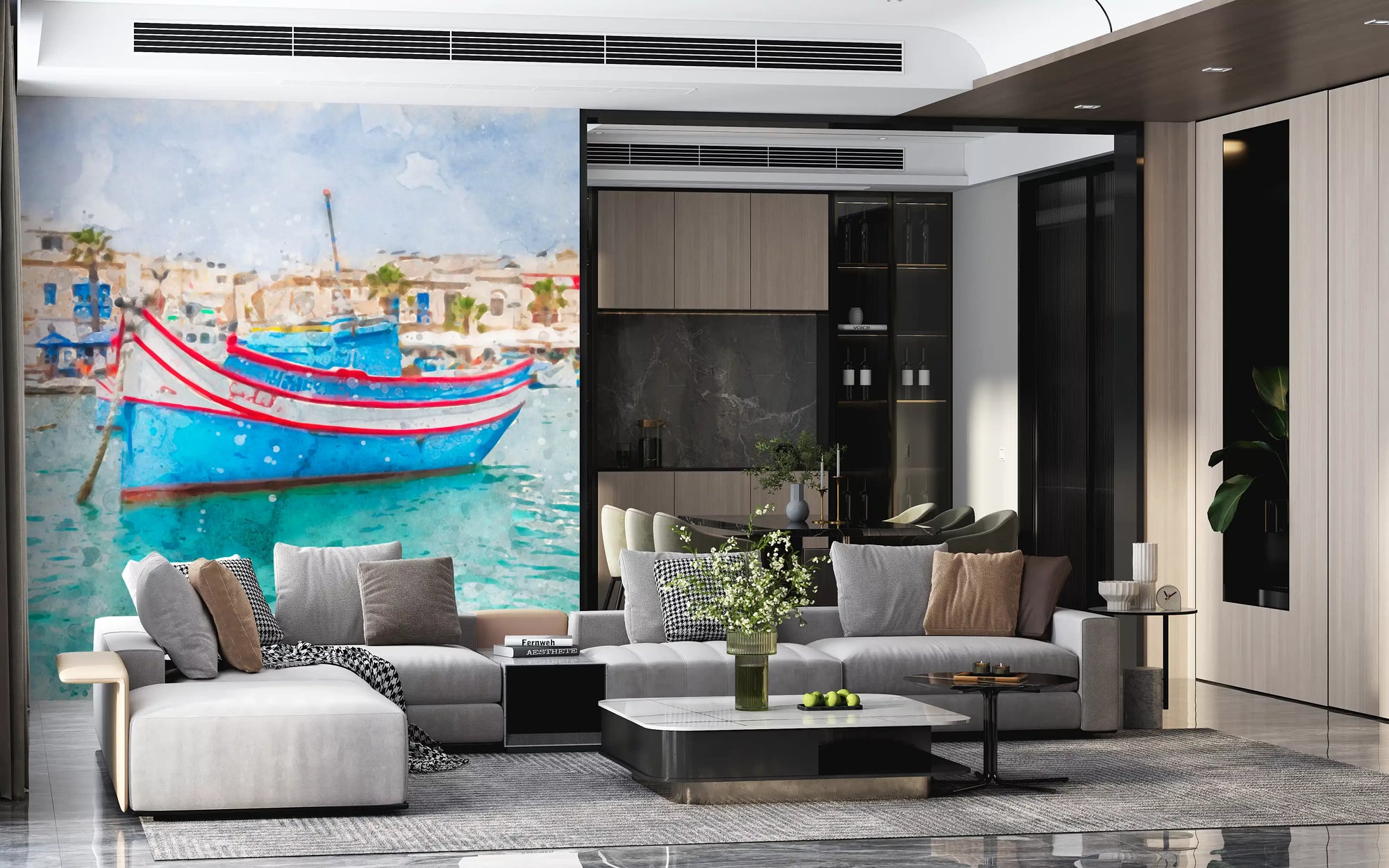 Watercolour fishing boat warms a living room with coastal blues, wall mural GD11399
