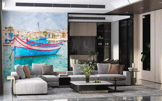 Watercolour fishing boat warms a living room with coastal blues, wall mural GD11399
