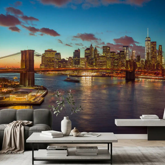 Living room glowing with a sunset cityscape, Brooklyn Bridge Twilight wall mural GD11408