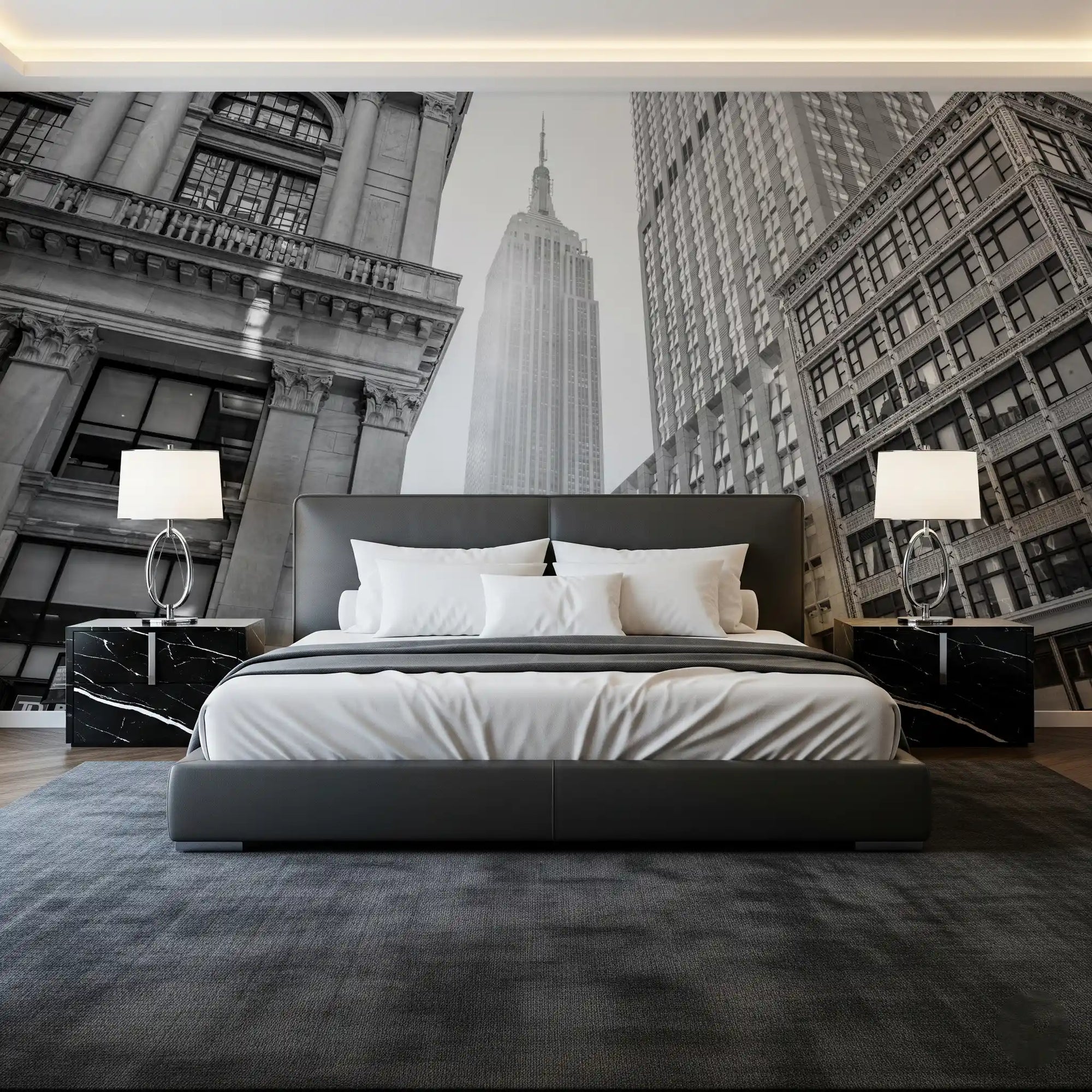 Bedroom set behind a black and white city view, Urban Heights wall mural GD11409