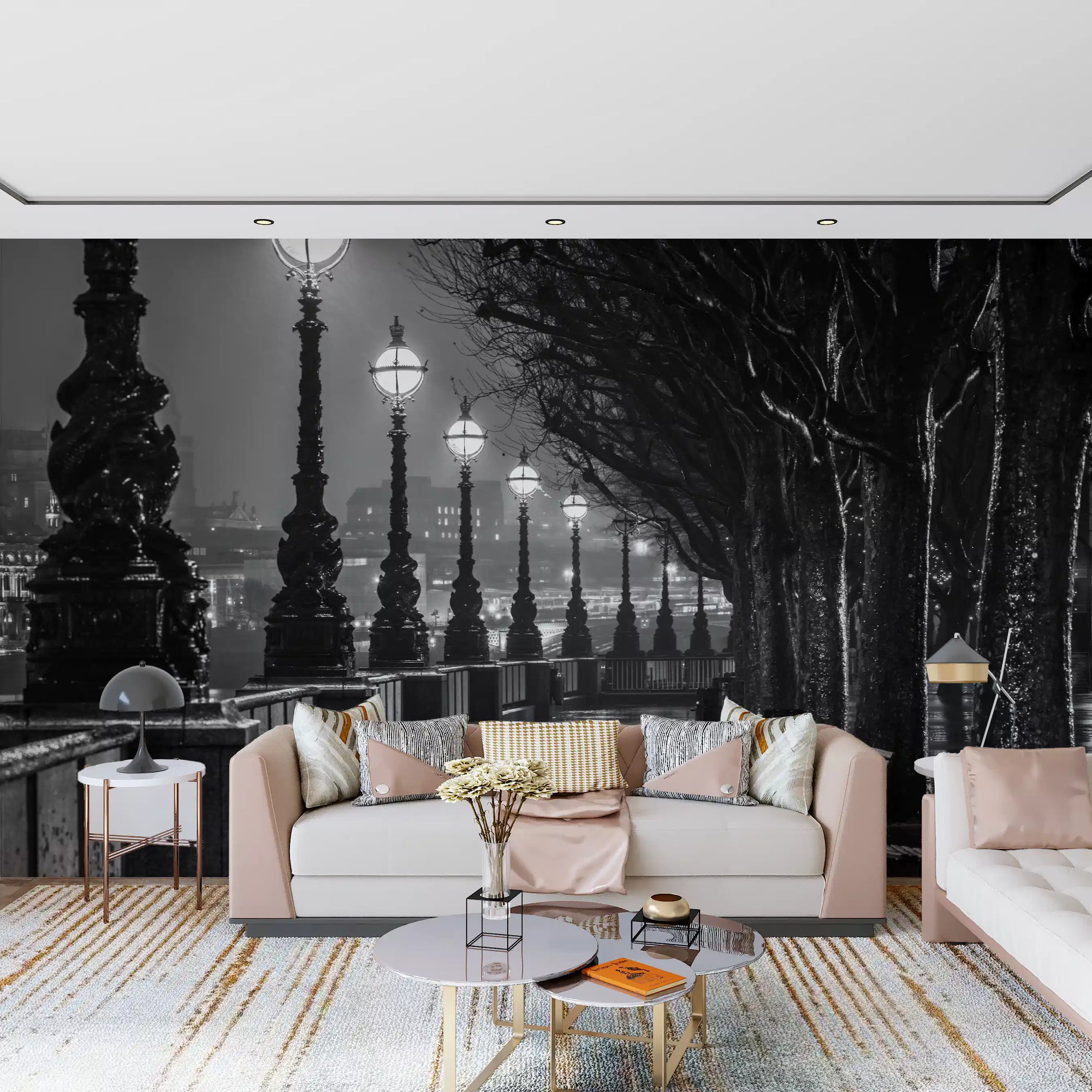 Rainy lamplit promenade glows behind a living room wall mural GD11416