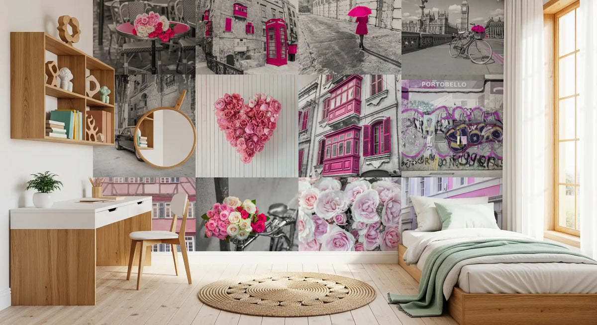 Monochromes Rose Cityscape Fusion Wandbild in Pink