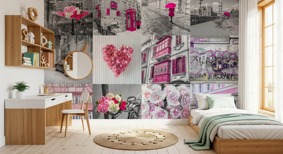 Pink and monochrome collage glows behind a bedroom wall mural GD11418