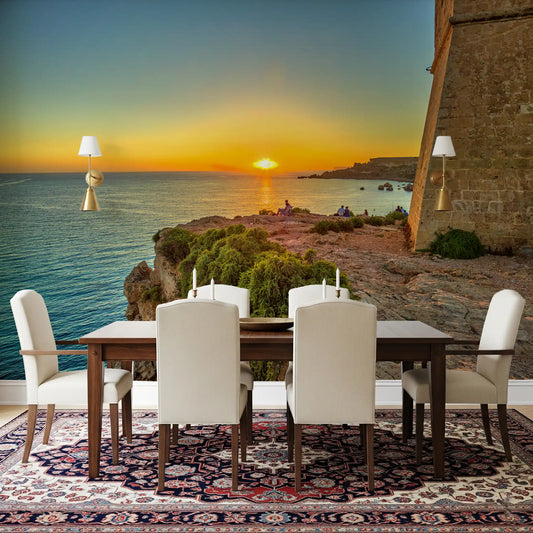 Golden hour sea view glows behind a dining room wall mural GD11419