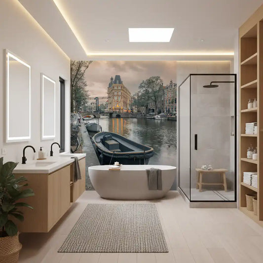Moored boat and bridge fill a bathroom, canal passage wall mural GD11420