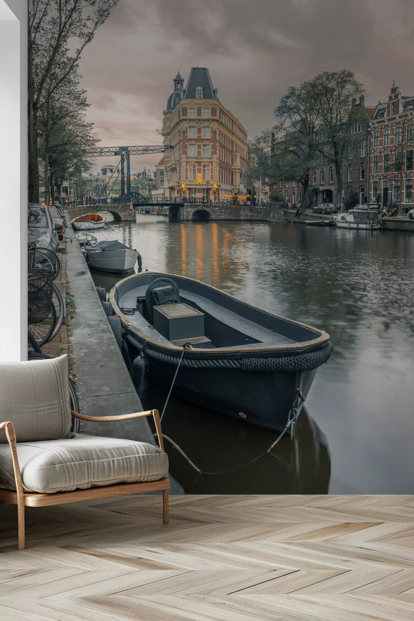 Aften ved hollandsk kanal vægmaleri