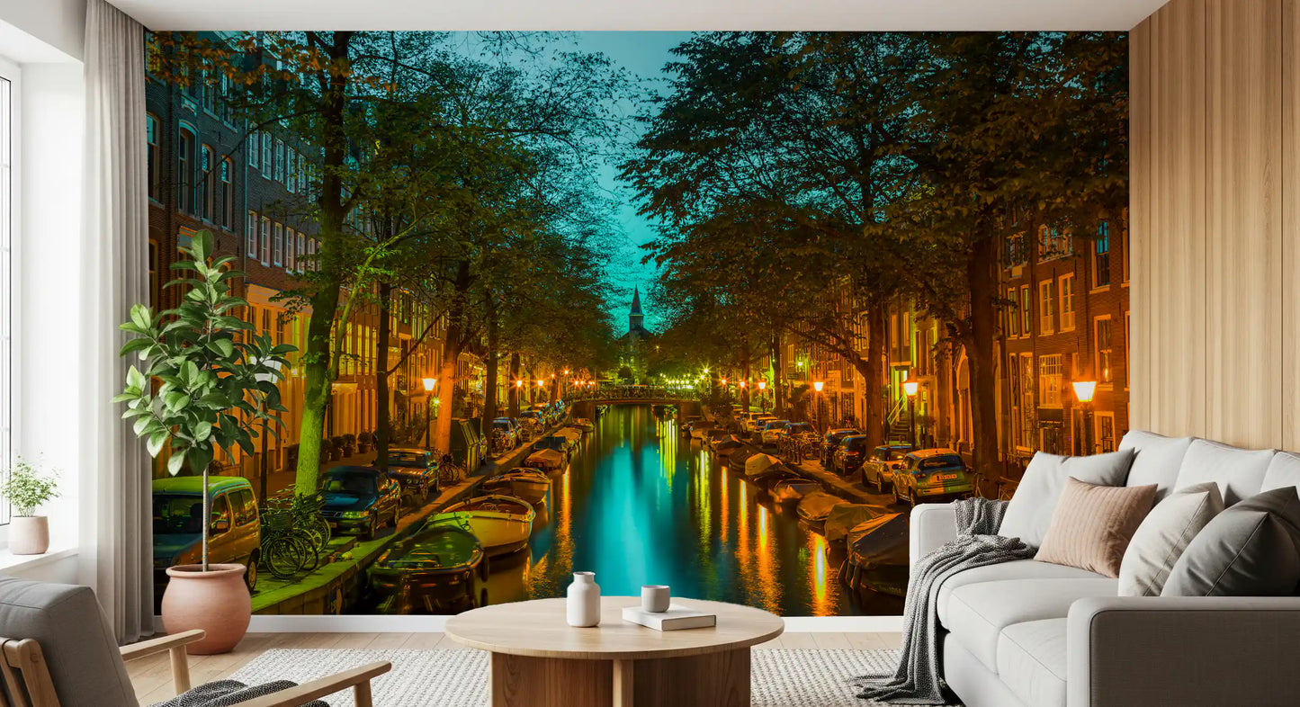 Carta da parati murale Riflesso serale sul canale di Amsterdam
