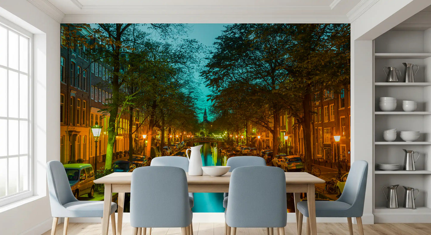 Carta da parati murale Riflesso serale sul canale di Amsterdam