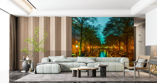 Amsterdam canal glows at evening behind a living room wall mural GD11422