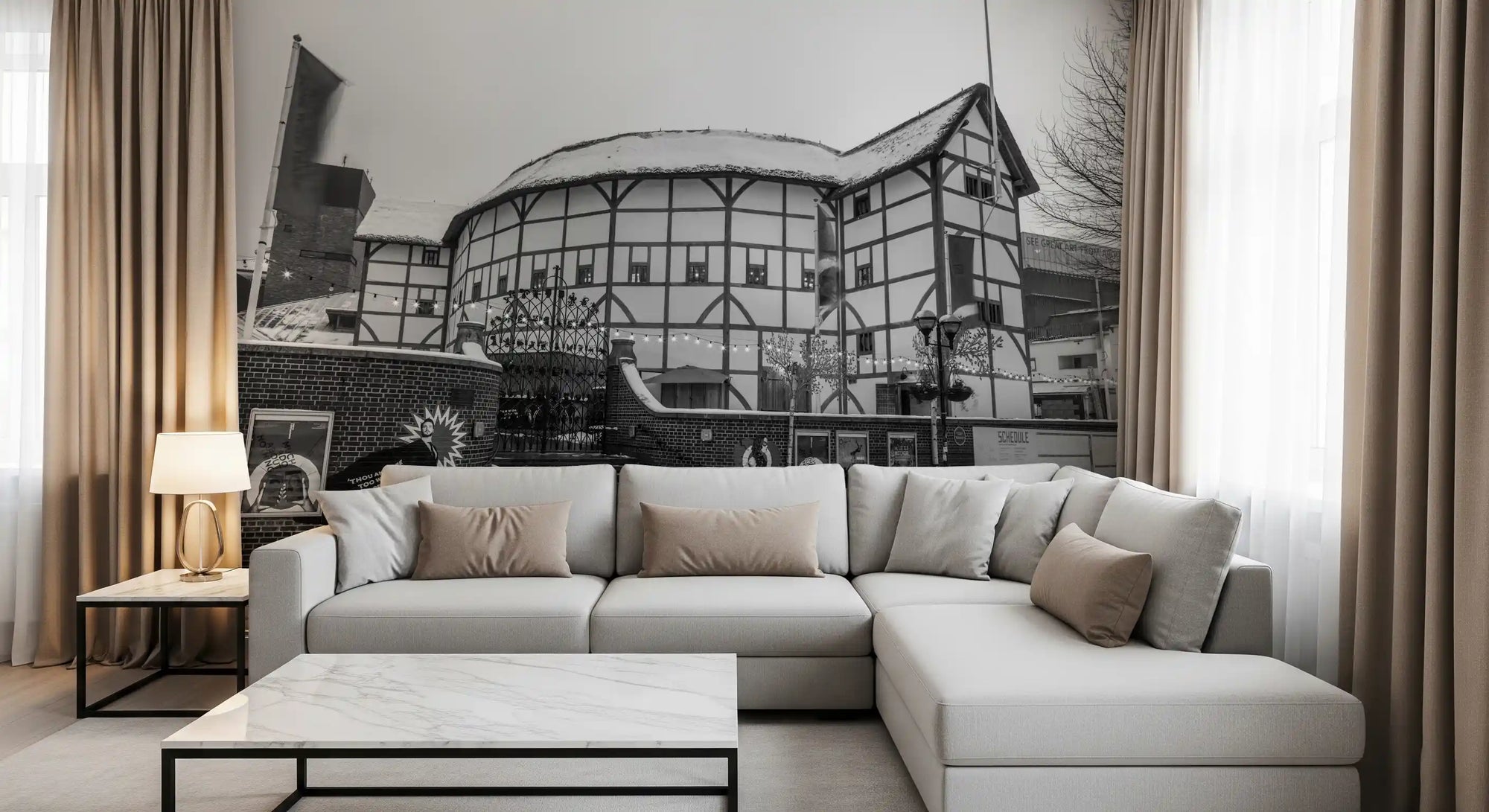 Classic Tudor Winter wall mural giving a living room a heritage focus, GD11427