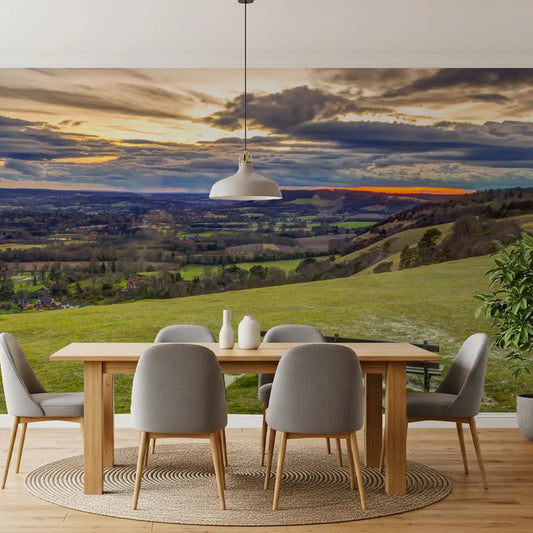 Sunset hilltop bench calming a dining room on Golden Valley wall mural, GD11429