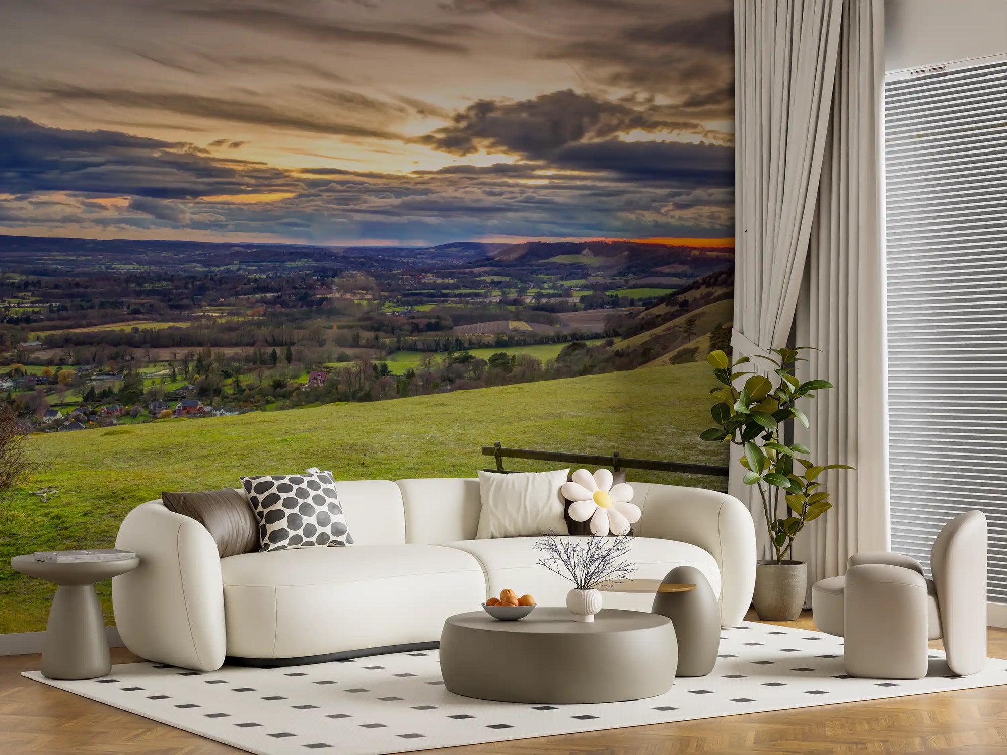 Golden Sunset Valley Bench wall mural opening a living room to a valley view, GD11429