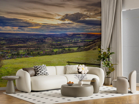 Golden Sunset Valley Bench wall mural opening a living room to a valley view, GD11429