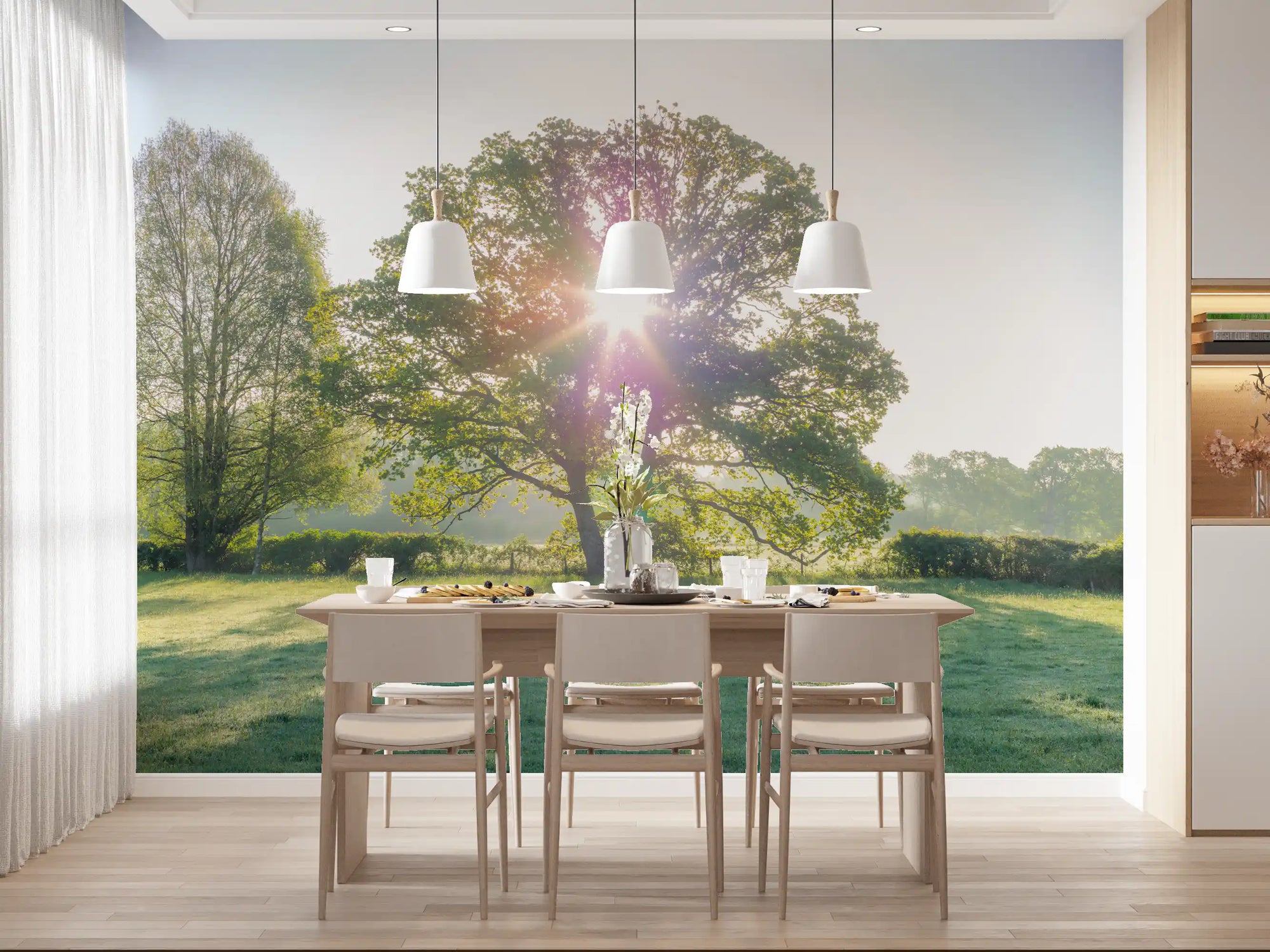 Golden Hour Meadow Canopy wall mural opening a dining room outdoors, GD11432