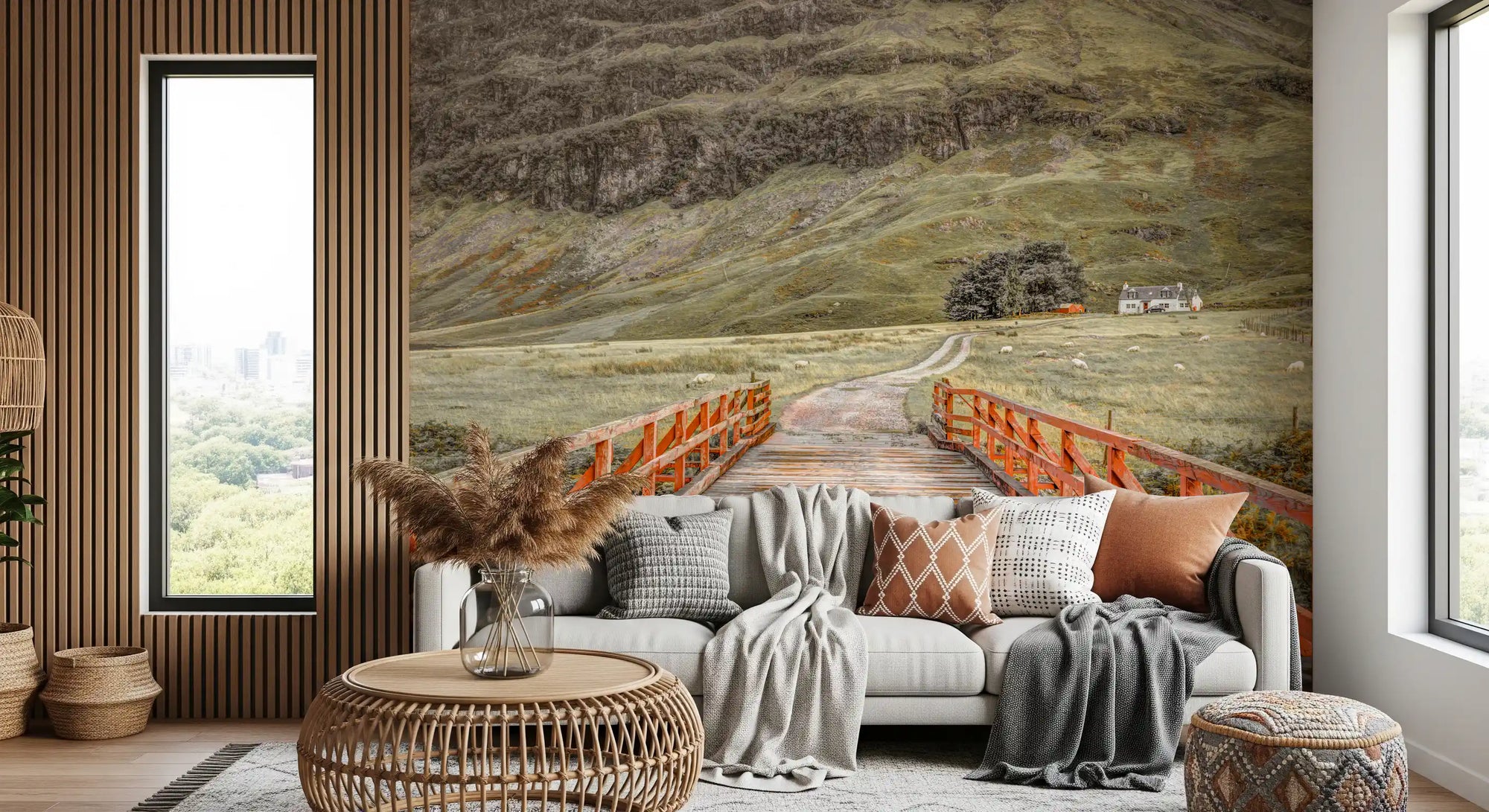 Highland Valley Bridge Path wall mural giving a living room open depth, GD11436