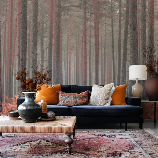 Rust ferns and misty trunks wall mural on a lounge feature area GD11439
