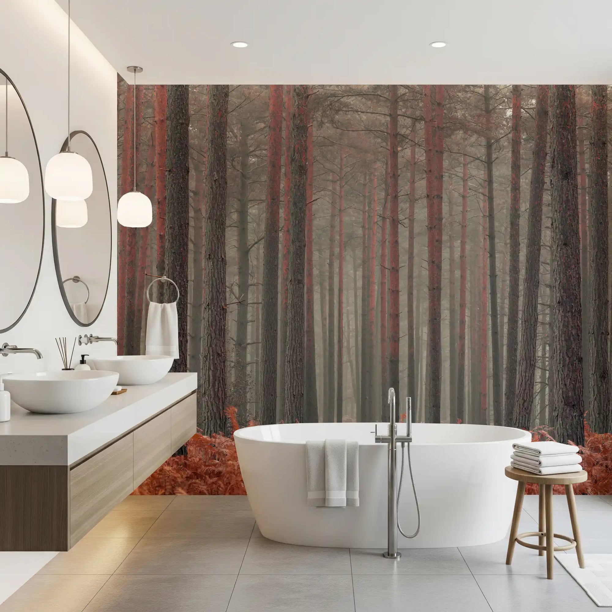 Misty pine grove wall mural set in a bathroom GD11439