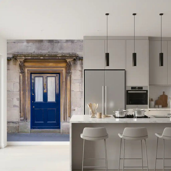 Navy front door and stone wall mural adding character to a kitchen area GD11443
