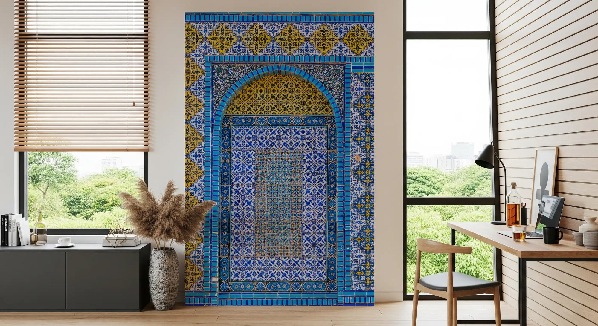 Blue tilework of a Cobalt Tile Symmetry wall mural lifts a office GD11448
