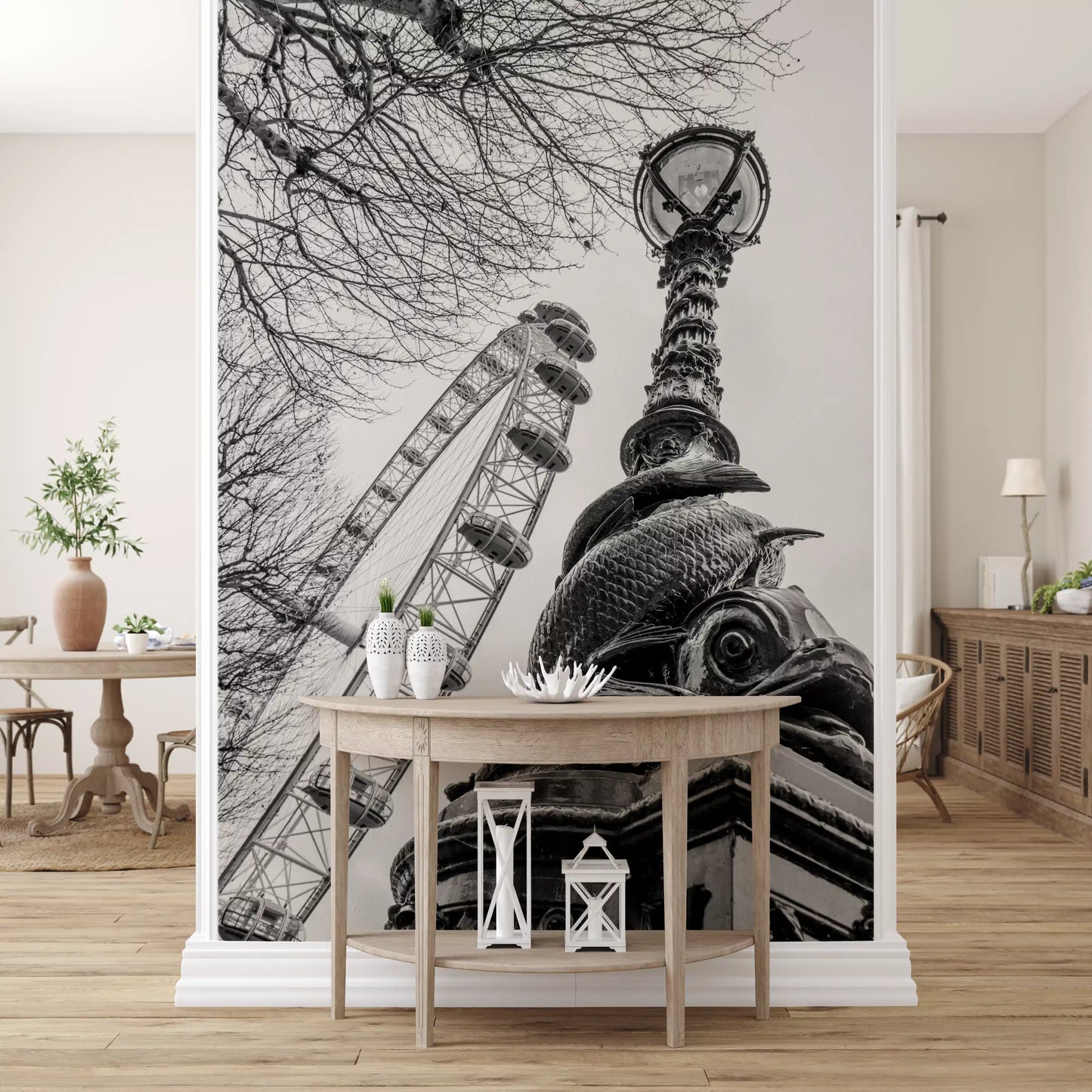 Wandbild mit dem Londoner Wahrzeichen Riesenrad und Laternenpfahl