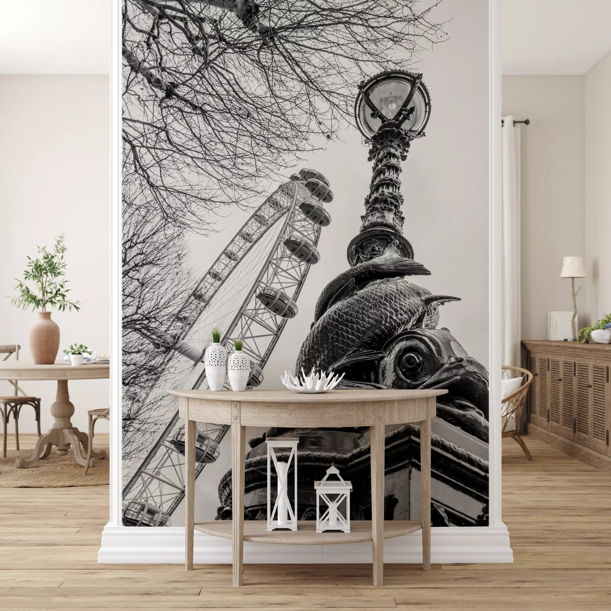 Murale da parete con ruota panoramica e lampione, simboli di Londra