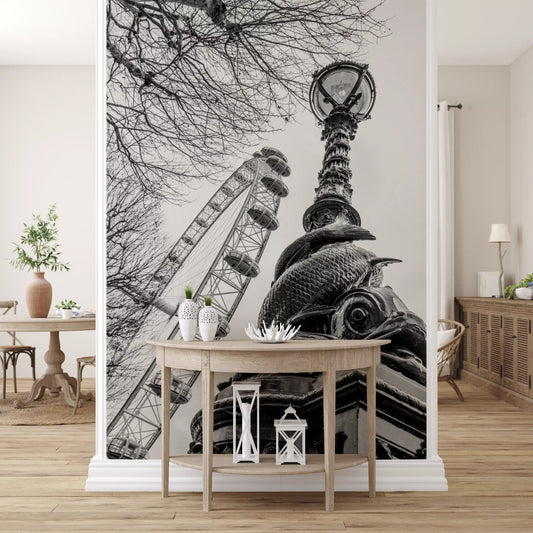 Looking up, an Observation Wheel and Lamppost wall mural lifts a dining room GD11451
